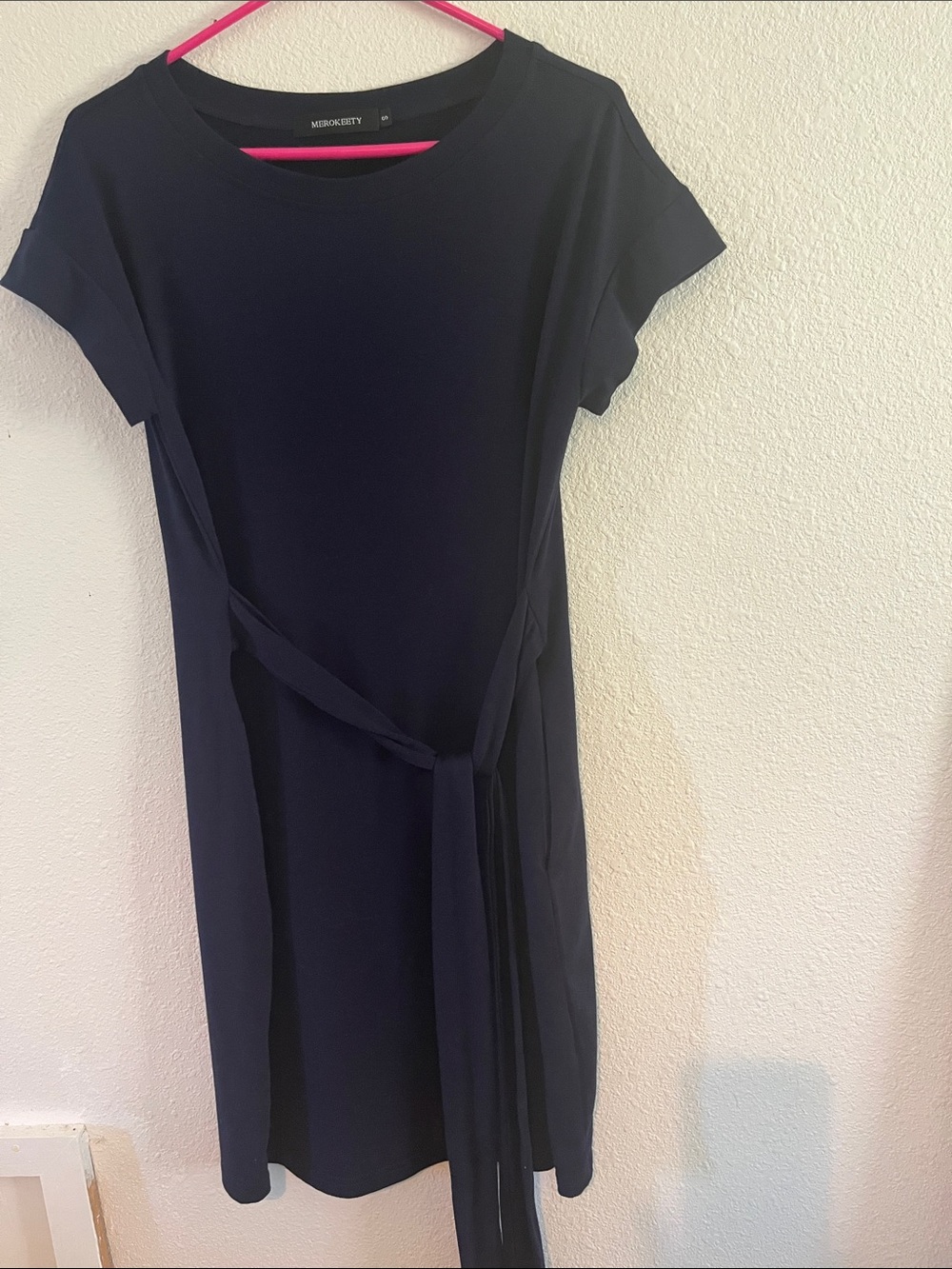MEROKEETY Navy Tie-Waist Midi S Dress with Crew Neck Cap Sleeves
